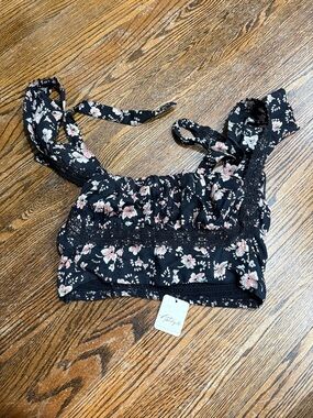 Free People Black Floral Smocked Crop Top with Pink Blossoms